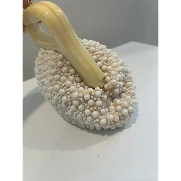 Vintage 1950s-60s Raffia Beaded and Lucite Purse White JL - Picture 2 of 7